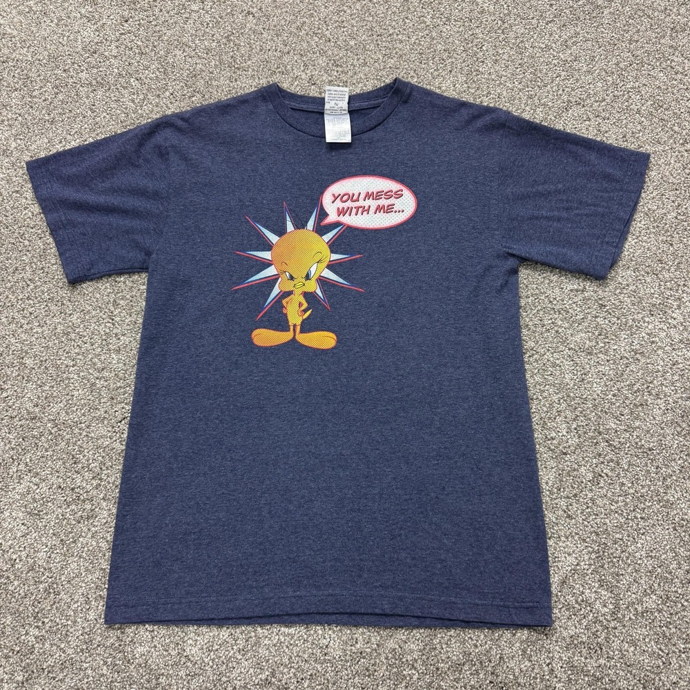 Vintage Looney Tunes Tweety Shirt Mens Medium Blue You Mess With Me Tee T-Shirt